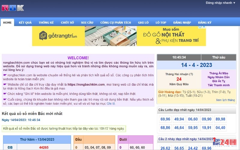 Giao diện của website Rồng Bạch Kim cùng những gợi ý số đẹp