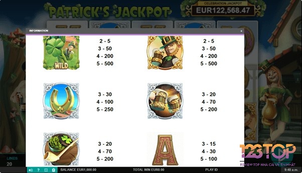 Biểu tượng Wild là Patrick trèo lên cây, có khoản thanh toán cao trong Patricks Jackpot Jackpot