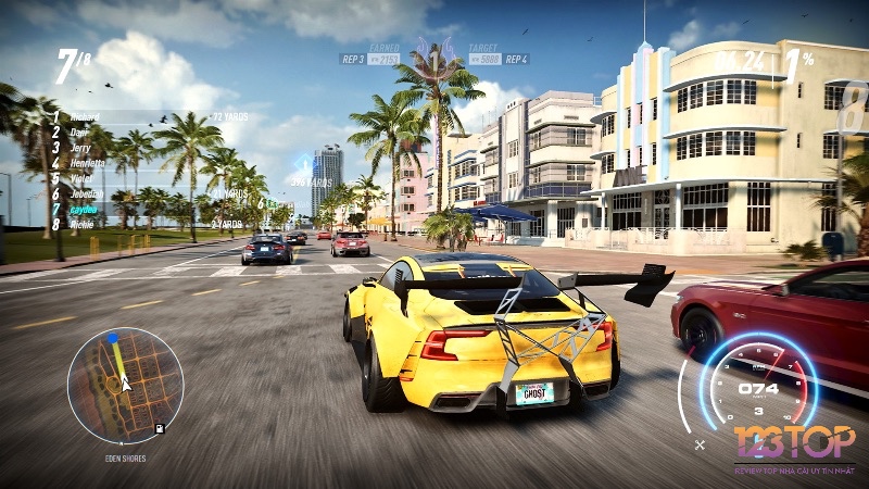 Một chiếc xe drift trong Need for Speed Heat với hiệu ứng nitro rực rỡ, tựa game nổi tiếng với lối chơi kịch tính.