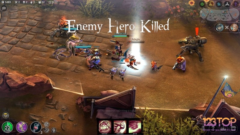 Giao diện trận đấu trong một game moba mobile điển hình với bản đồ chia ba đường.