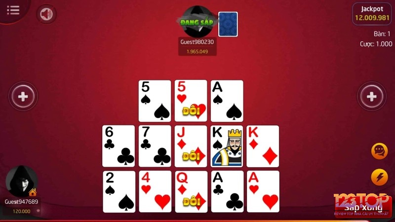 Màn hình hiển thị ba chi bài đã sắp xếp theo quy tắc từ chi 1 đến chi 3 trong game mậu binh.