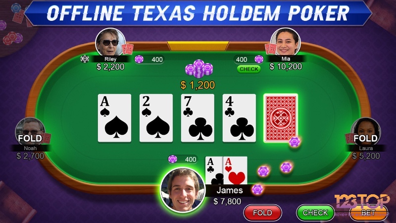 Giao diện một ván bài trong Poker Texas Hold'em, với các nút cơ bản như fold, check, bet.