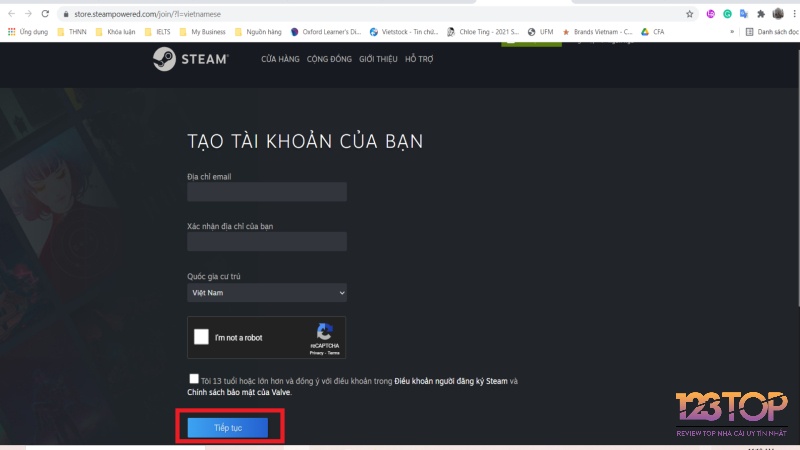 Điền email, chọn quốc gia và xác nhận để đăng ký