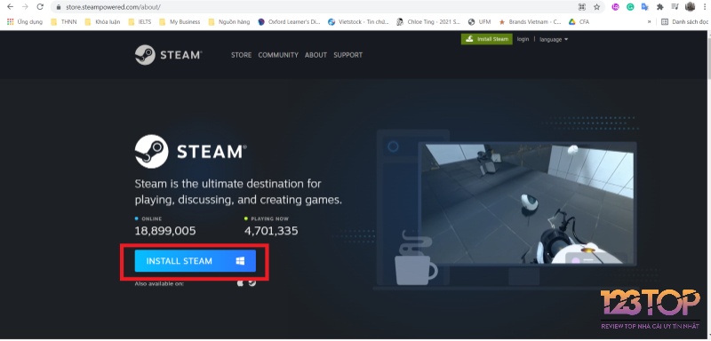 Truy cập trang Steam và nhấn Install Steam
