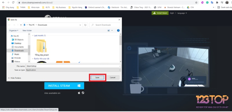 Chọn nơi lưu file rồi nhấn Save để tải Steam
