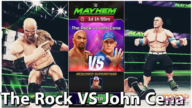 Các siêu sao WWE như John Cena và The Rock xuất hiện trong WWE Mayhem với kỹ năng hoành tráng