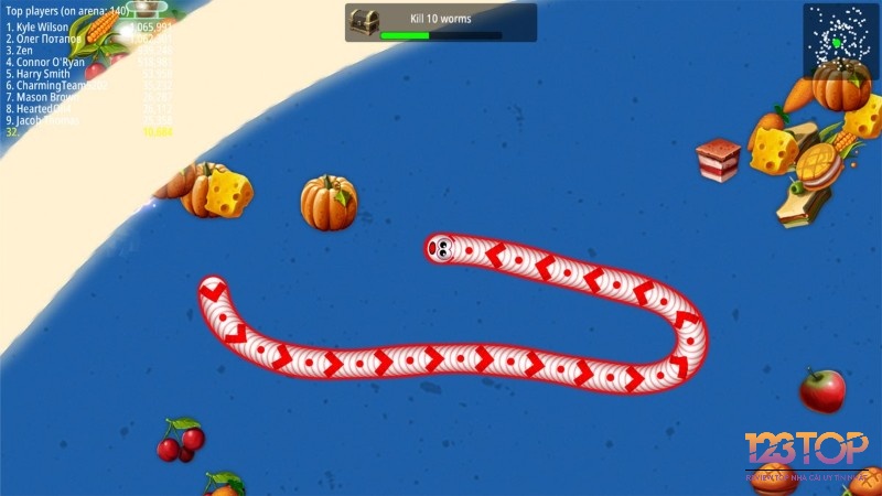 Worms Zone với đồ họa 3D rực rỡ, cơ chế tăng tốc và vật phẩm hỗ trợ chiến thuật đa dạng.
