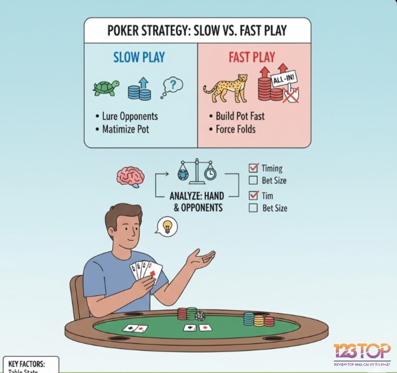 Người chơi poker phân tích đối thủ và thế bài để quyết định chiến thuật slow play hay fast play
