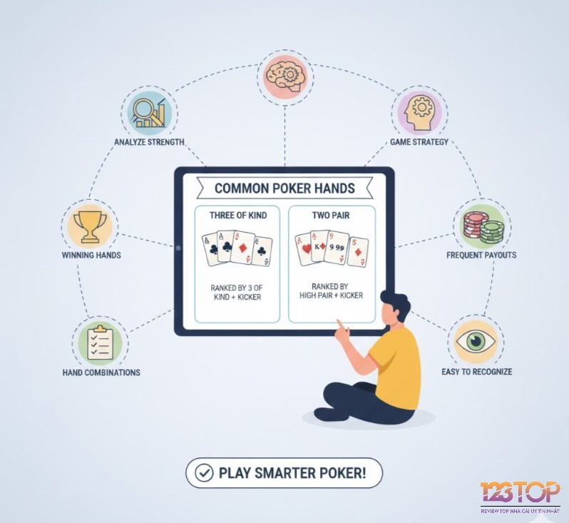 Người chơi Poker hiểu Sám cô và Hai đôi, các hand bài mạnh phổ biến, tạo đối đầu hấp dẫn trên bàn cược