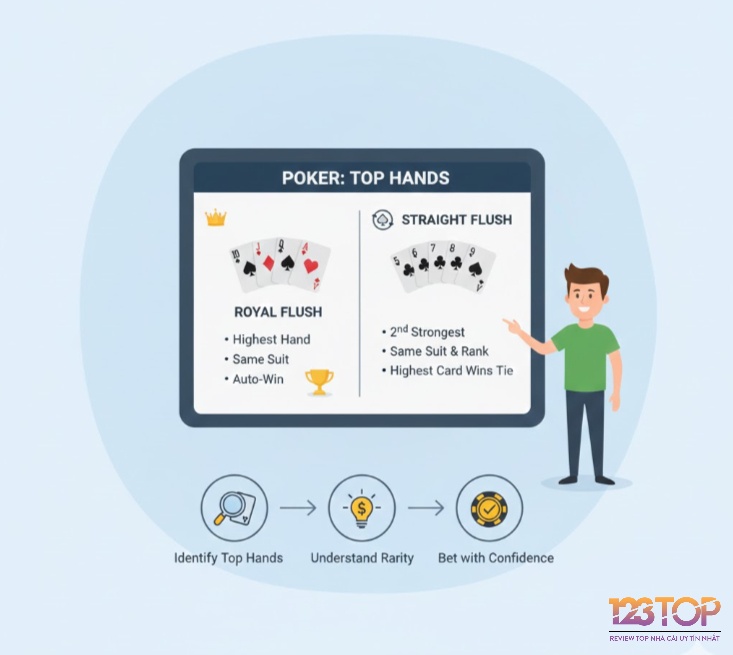 Người chơi poker tìm hiểu Sảnh chúa (Royal Flush) và Sảnh đồng chất (Straight Flush), hai hand mạnh nhất với xác suất thắng gần như tuyệt đối, phân biệt cách chúng được tạo thành