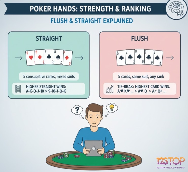 Người chơi poker khám phá Đồng chất (Flush) và Sảnh (Straight), hai hand mạnh phổ biến, để đánh giá bối cảnh ván đấu và tối ưu hóa lợi nhuận