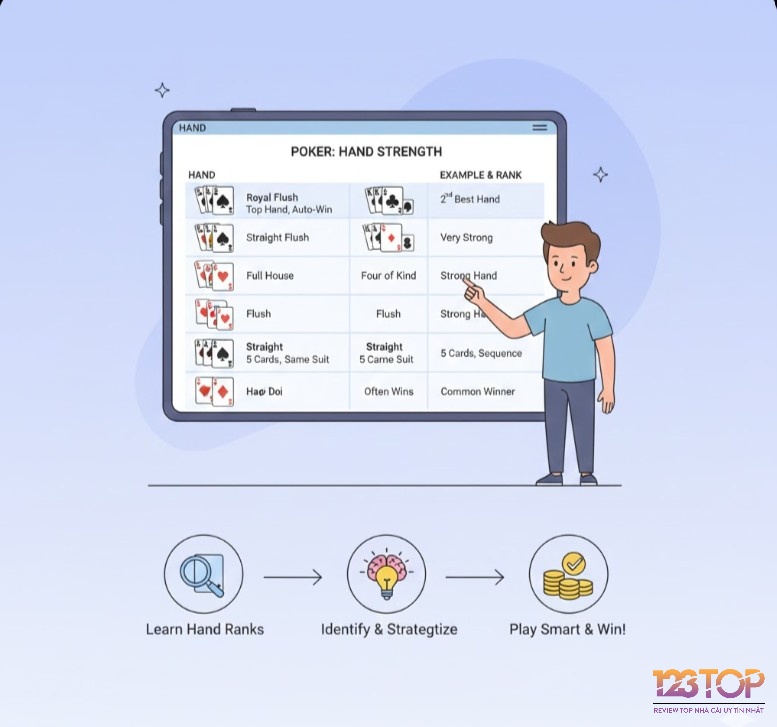 Người chơi khám phá các hand mạnh trong poker như Sảnh Chúa, Sảnh Đồng Chất, Sám Cô, Hai Đôi, hiểu đặc điểm và sức mạnh từng hand để tăng cơ hội thắng