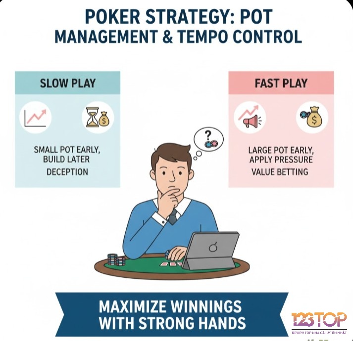 Người chơi poker điều chỉnh kích thước pot và nhịp độ ván đấu để tối đa hóa lợi thế khi có bài mạnh