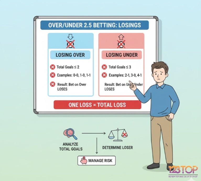 Người chơi xác định thua kèo Tài Xỉu 2.5 dựa trên tổng số bàn thắng trận đấu để hạn chế rủi ro