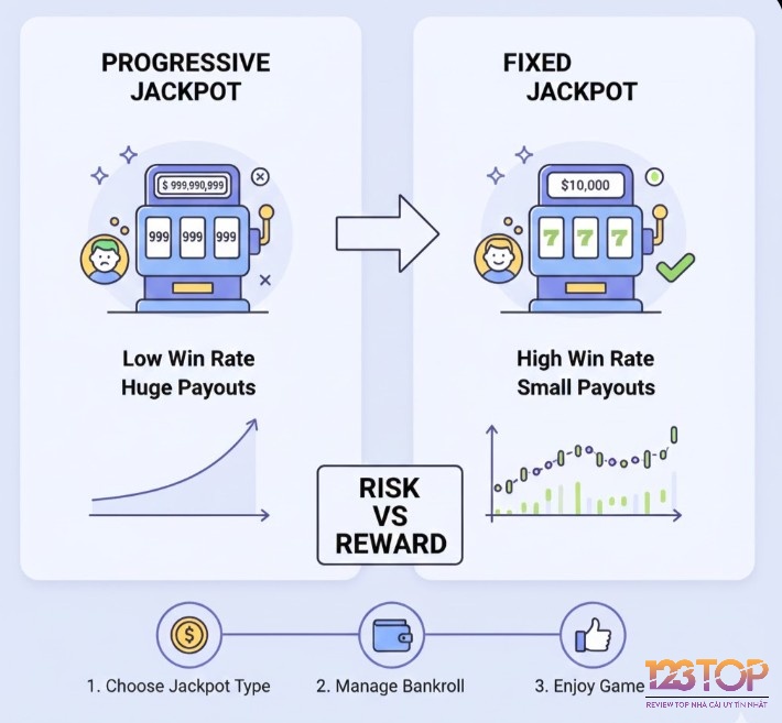 Người chơi tìm hiểu sự khác biệt về tỷ lệ thắng và xác suất trúng thưởng giữa Progressive vs Fixed jackpot, thường thì jackpot lũy tiến có khả năng trúng thấp hơn