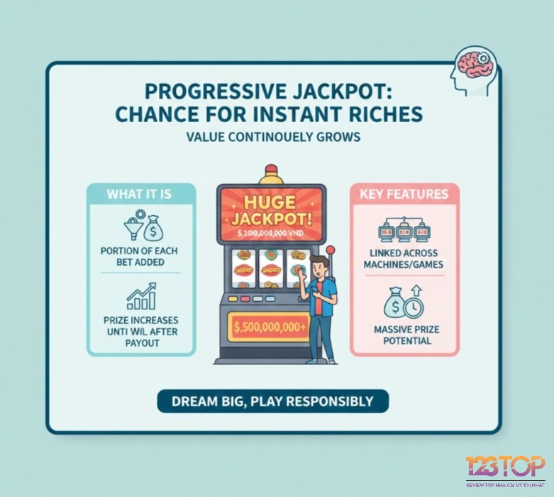 Người chơi tìm hiểu về Progressive Jackpot, hệ thống giải thưởng cộng dồn từ các lượt đặt cược, có thể liên kết nhiều máy và trò chơi, mang lại cơ hội thắng lớn