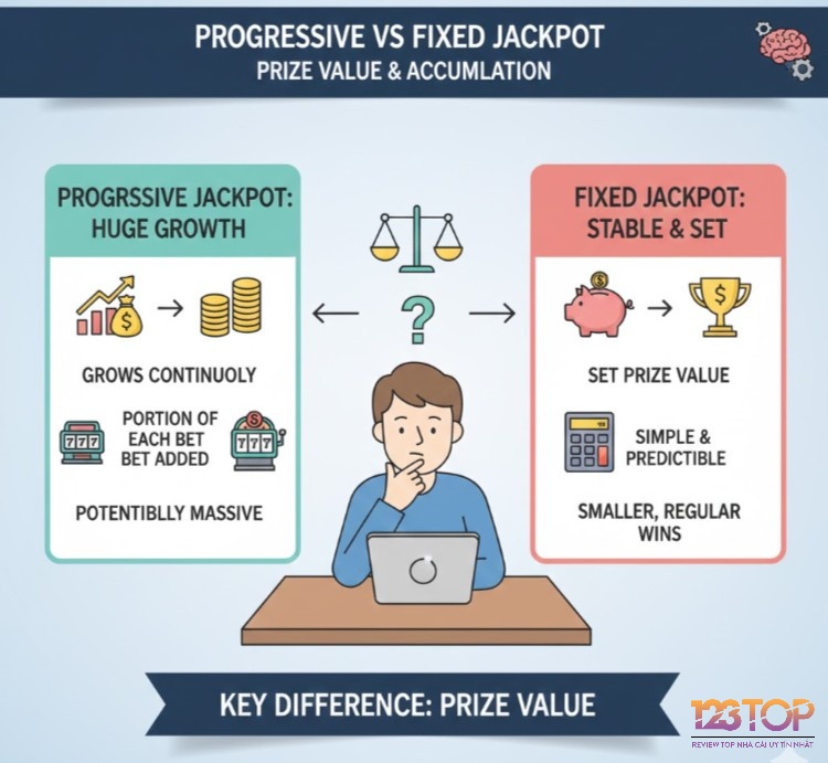Người chơi so sánh Progressive vs Fixed Jackpot, tìm hiểu điểm khác biệt lớn nhất về giá trị giải thưởng và yếu tố tích lũy của hai loại jackpot này