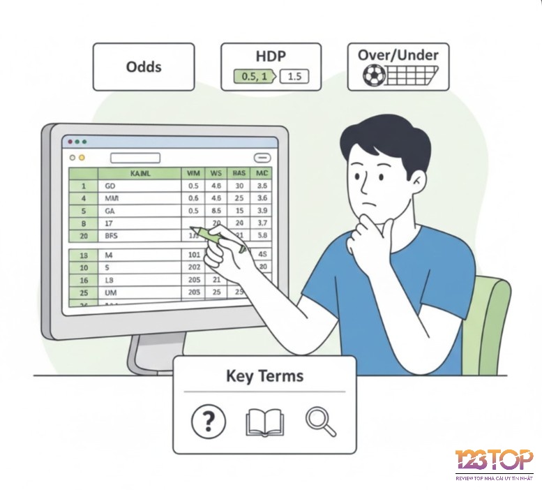Người chơi cá cược bóng đá đang xem bảng tỷ lệ kèo, tìm hiểu các thuật ngữ cơ bản để đặt cược kèo chấp hiệu quả