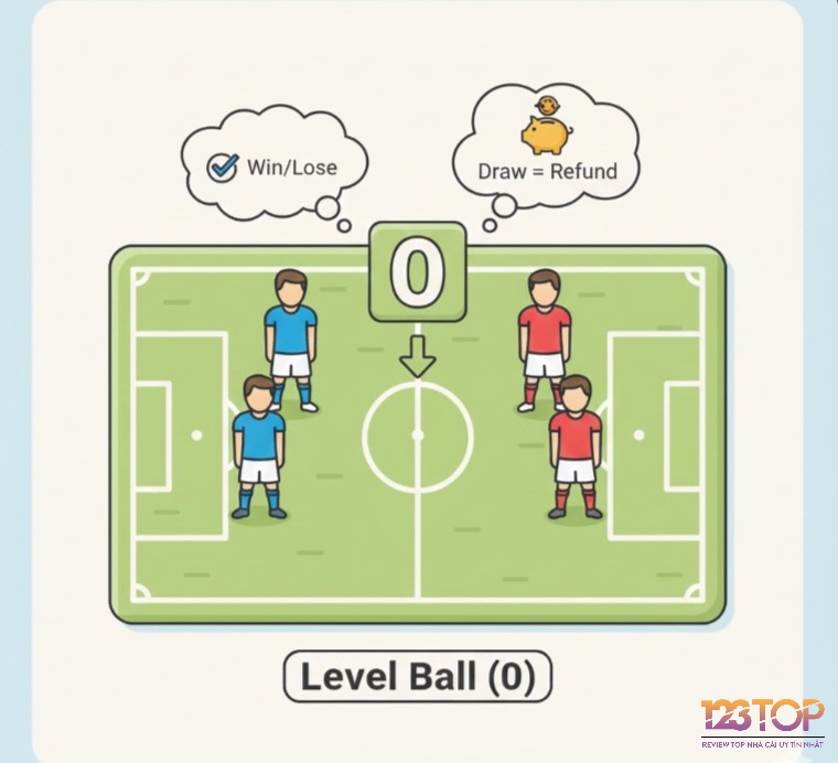 Hai đội bóng có thực lực ngang nhau trên sân, biểu thị kèo đồng banh (0) trong cá cược, với kết quả hòa tiền hoặc thắng thua