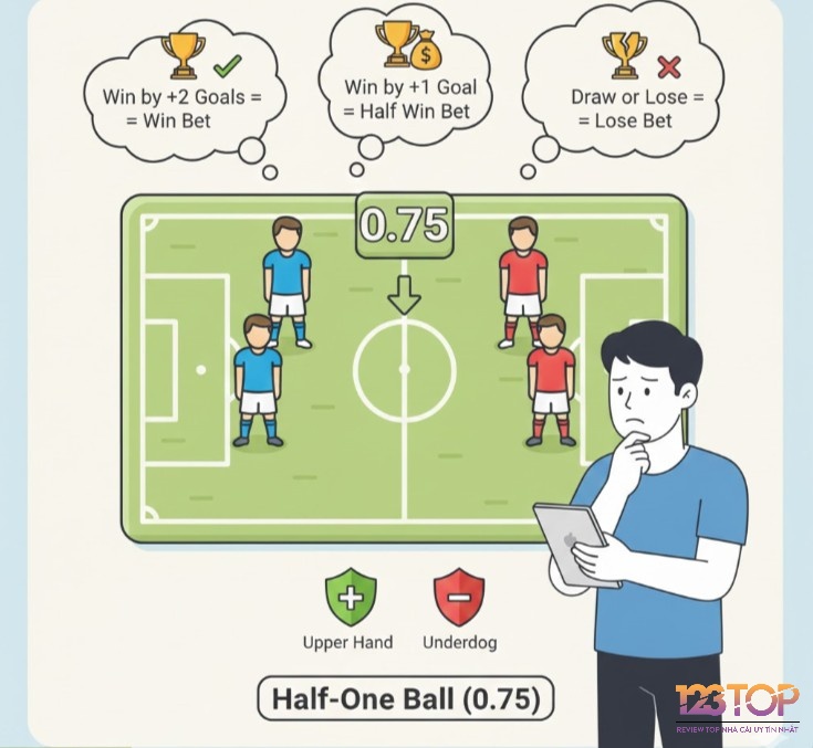 Người chơi cá cược đang tính toán kèo chấp nửa một (0.75), cân nhắc kết quả thắng đủ, thắng nửa hoặc thua đủ tùy theo tỷ số trận đấu