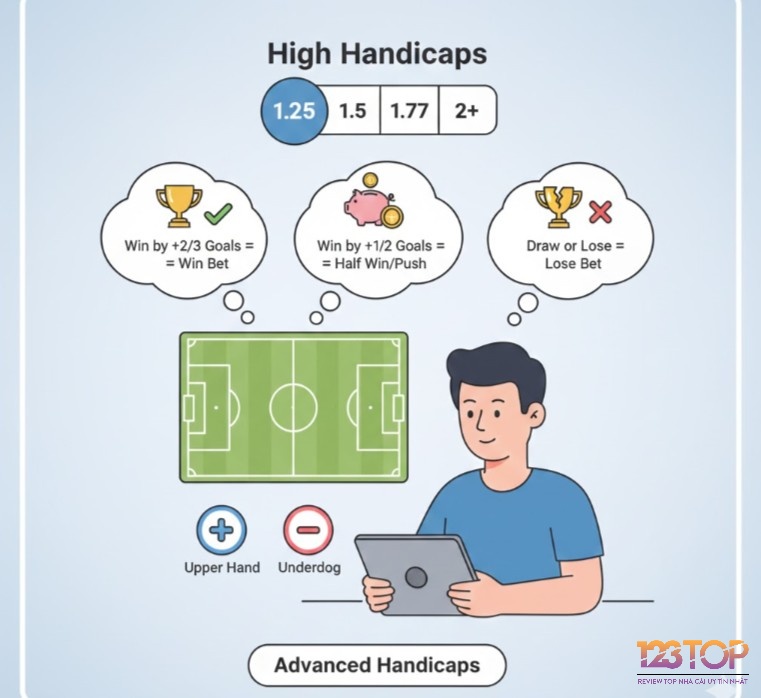 Người chơi cá cược bóng đá đang xem xét các loại kèo chấp cao (1.25, 1.5, 1.75, 2), phân tích cách tính thắng thua dựa trên tỷ số cách biệt