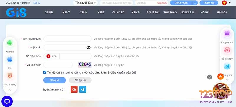 Bạn nhập các thông tin cần thiết để đăng ký tài khoản tại nhà cái Gi8