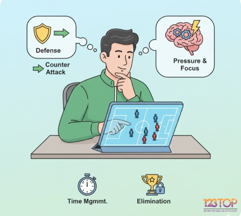 Huấn luyện viên bóng đá đang phân tích chiến thuật và áp lực tâm lý trong đấu cúp loại trực tiếp