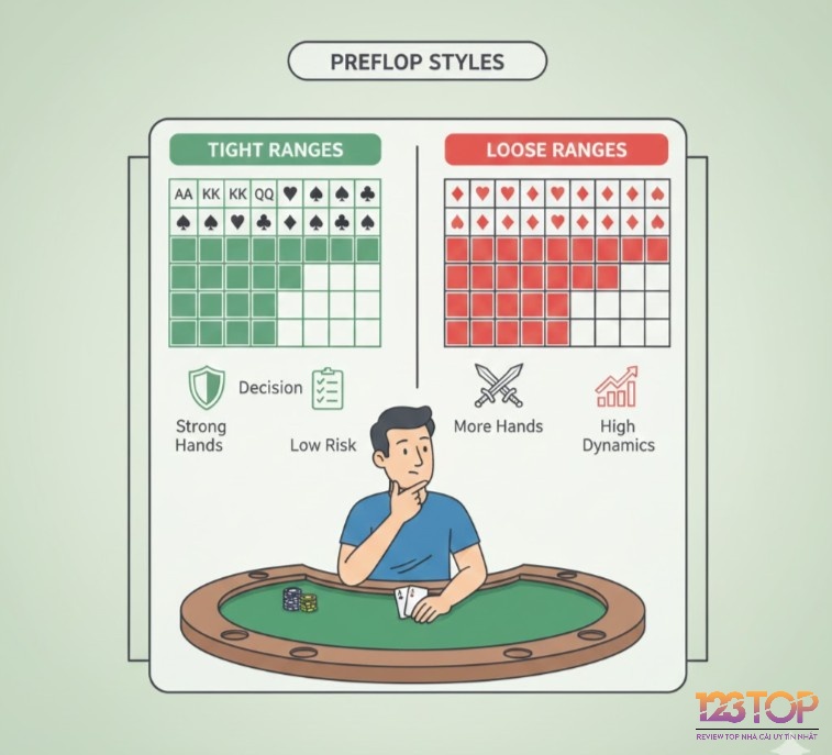 Người chơi poker đang phân loại chiến thuật preflop ranges thành tight (chặt) và loose (lỏng), lựa chọn phong cách phù hợp với từng tình huống