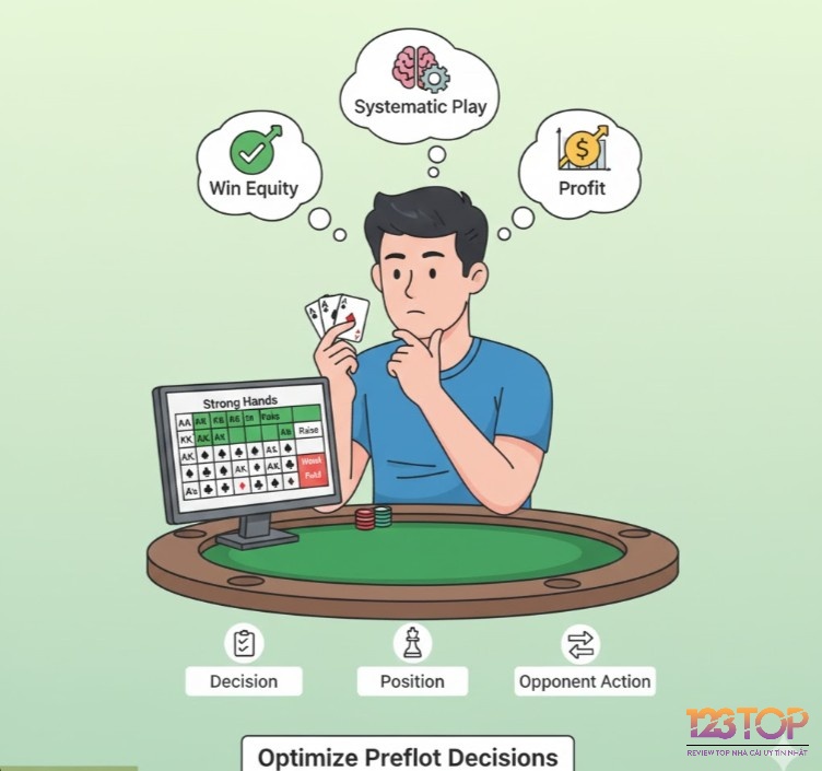 Người chơi poker đang tối ưu hóa quyết định preflop, tránh sai lầm, nâng cao xác suất thắng dựa trên vị trí và hành động của đối thủ