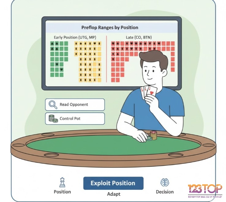 Người chơi poker đang phân tích tầm quan trọng của vị trí trên bàn đấu để định hình preflop ranges và đưa ra quyết định hành động tối ưu