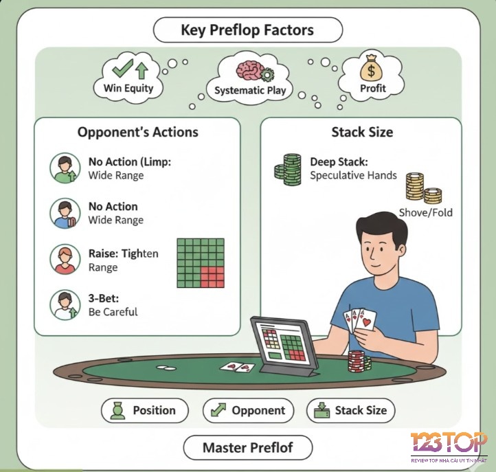 Người chơi poker đang điều chỉnh preflop ranges dựa trên hành động của đối thủ và kích thước stack, quyết định tố, gọi hoặc bỏ bài