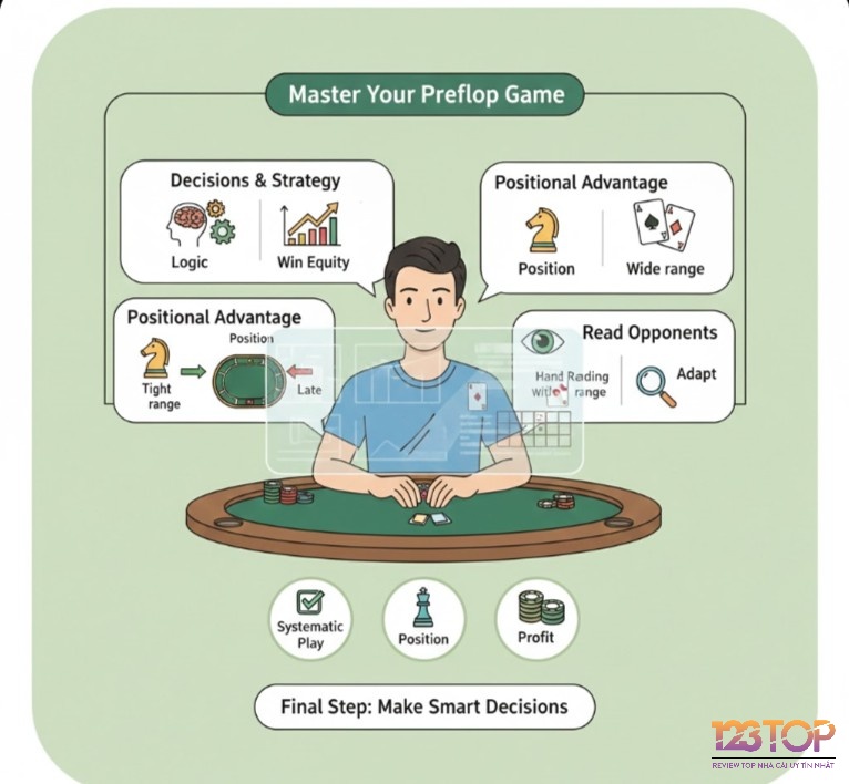 Người chơi poker đang nắm vững preflop ranges để tối ưu hóa quyết định, giảm thiểu sai lầm, tận dụng vị trí và đọc bài đối thủ