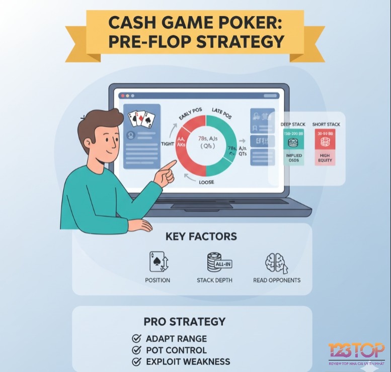 Người chơi Poker tối ưu chiến lược pre-flop trong Cash Game dựa trên vị trí ngồi và stack depth, điều chỉnh dải bài và hành động cược để thắng lớn