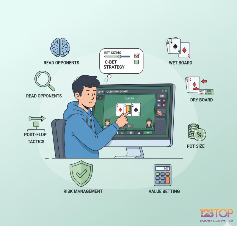 Người chơi Poker điều chỉnh chiến thuật C-bet và Bet Sizing linh hoạt sau flop, dựa trên cấu trúc bài và hành vi đối thủ