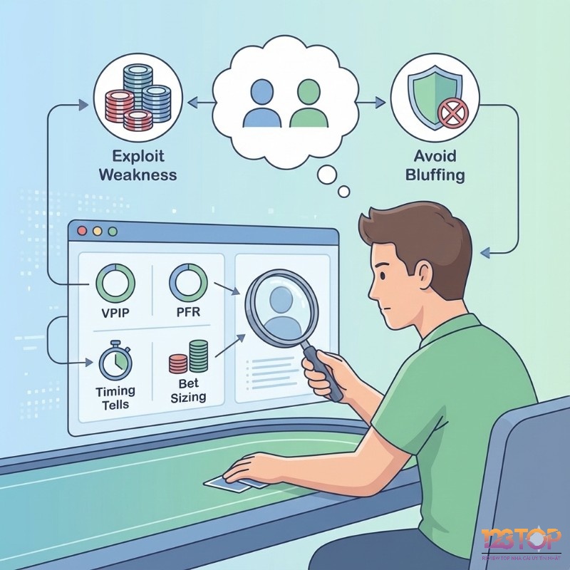 Người chơi Poker phân tích chiến thuật đối thủ qua VPIP, PFR, C-bet, bet sizing và timing tells để thích nghi
