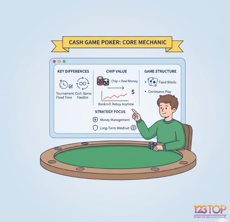 Người chơi Poker tham gia Cash Game với chip có giá trị tiền mặt thực tế, tự do vào/ra bàn và tái mua chip, đối mặt với chiến lược quản lý vốn dài hạn
