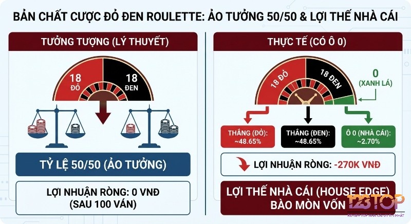 Bảng so sánh tỷ lệ cược đỏ đen Roulette, làm rõ ảo tưởng 50/50 và bản chất lợi thế nhà cái khiến người chơi lỗ 270k VNĐ sau 100 ván