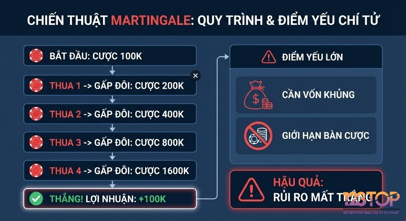 Phân tích chiến thuật Martingale qua quy trình cược 100K và điểm yếu chí tử: cần vốn khủng, giới hạn bàn, nguy cơ mất trắng