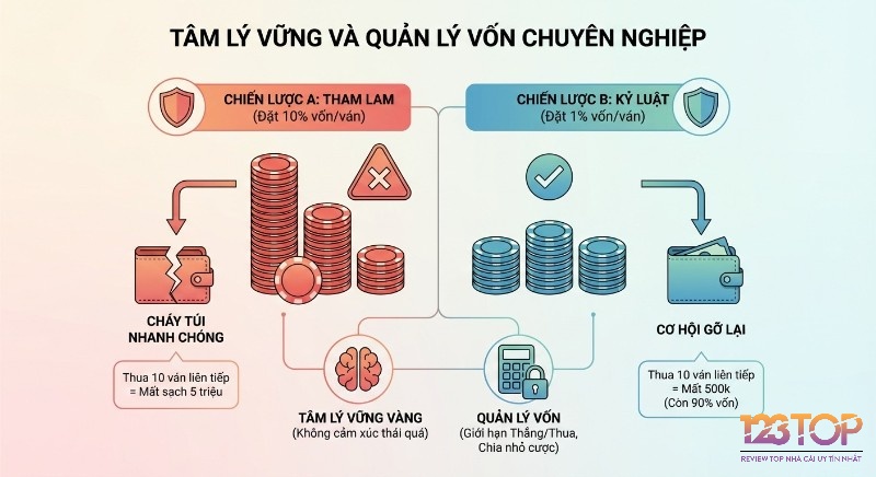 Bảng so sánh chiến lược quản lý vốn chuyên nghiệp, minh họa kết cục tham lam 10% cược gây cháy túi và kỷ luật 1% giữ 90% vốn