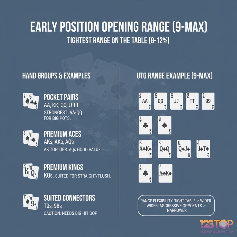 Phạm vi mở bài từ Early Position (EP) nên hẹp và mạnh, tập trung vào các nhóm bài premium để đối phó với 3-bet và chơi tốt khi không có vị trí