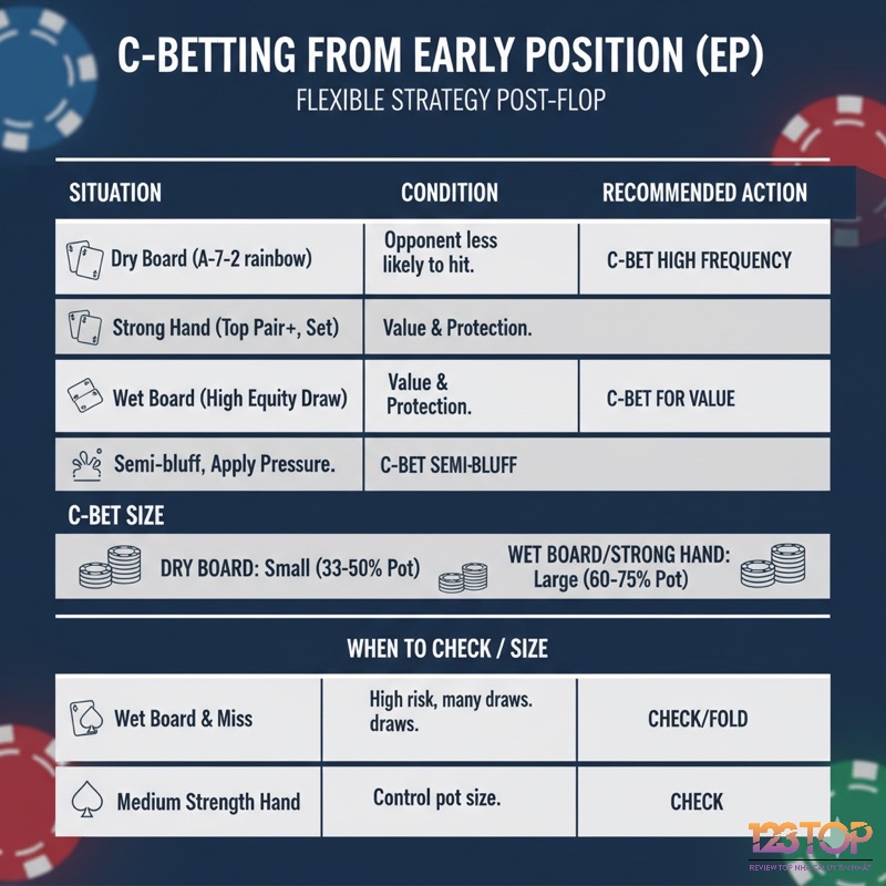 Khi C-bet từ Early Position, linh hoạt điều chỉnh kích thước cược: cược nhỏ hơn trên board khô và cược lớn hơn khi có bài mạnh hoặc trên board ướt
