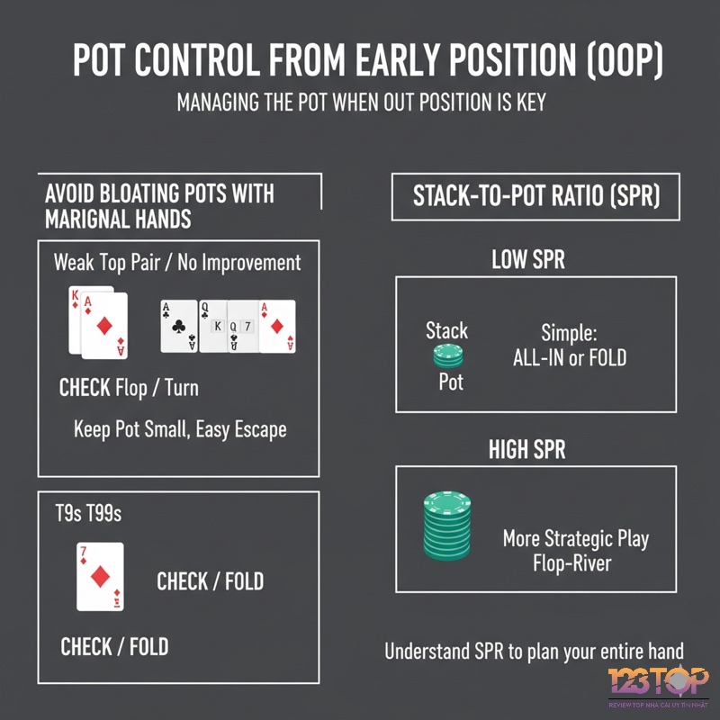 Khi chơi OOP, hãy kiểm soát pot bằng cách check với bài yếu và sử dụng SPR để định hướng chiến lược