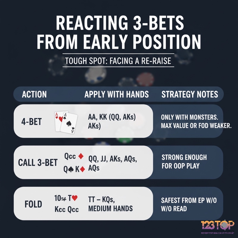 Phản ứng với 3-bet từ Early Position đòi hỏi sự chọn lọc kỹ càng: chỉ 4-bet với bài cực mạnh như AA/KK, call 3-bet với QQ/JJ/AKs/AQs và nên fold các bài yếu hơn