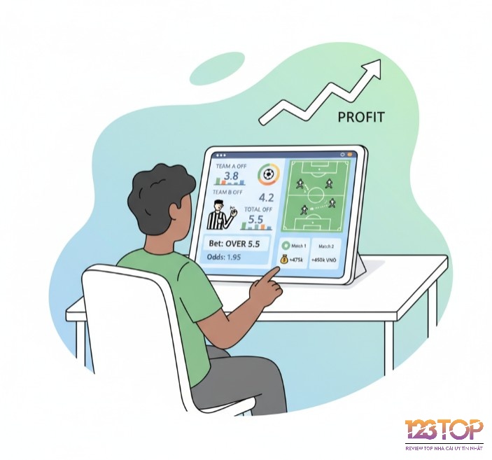 Người phân tích bóng đá xem biểu đồ thống kê việt vị trên màn hình, với các chỉ số và dữ liệu trận đấu hiện rõ