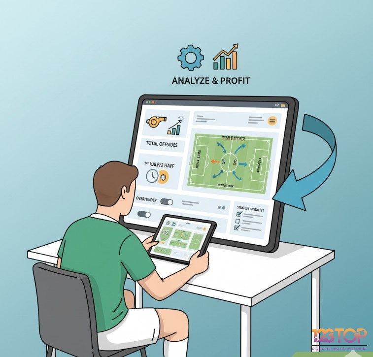 Người chơi bóng đá xem các loại kèo việt vị khác nhau trên máy tính bảng, chọn chiến lược phù hợp