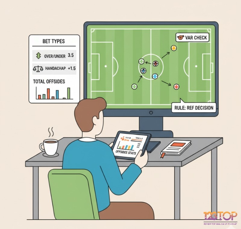 Người chơi cá cược phân tích trận đấu bóng đá để hiểu về kèo việt vị (offsides) là gì và các dạng cược tài xỉu, chấp