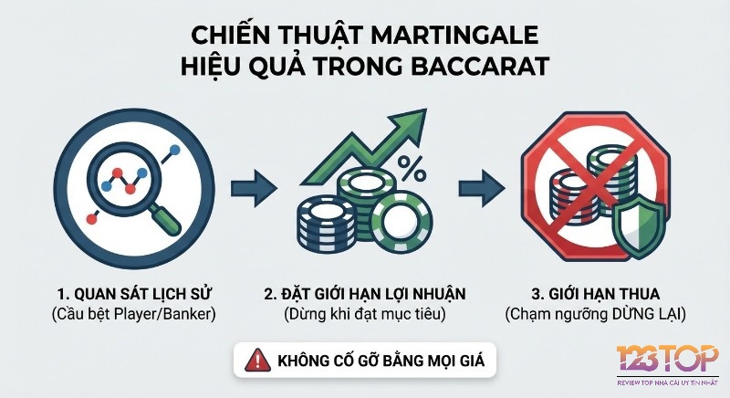 Quy trình chiến thuật Martingale trong Baccarat gồm 3 bước: quan sát lịch sử, giới hạn lợi nhuận và thua, không cố gỡ