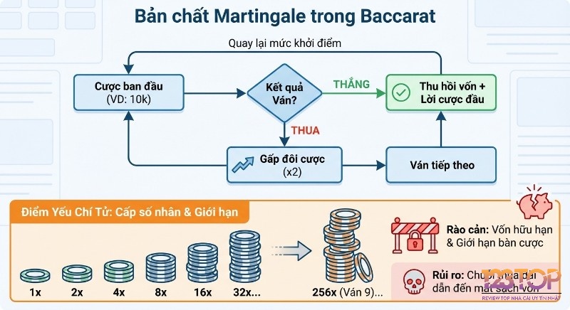 Bản chất chiến lược Martingale trong Baccarat qua sơ đồ, phân tích cách đặt cược lũy tiến và hiểm họa cạn vốn