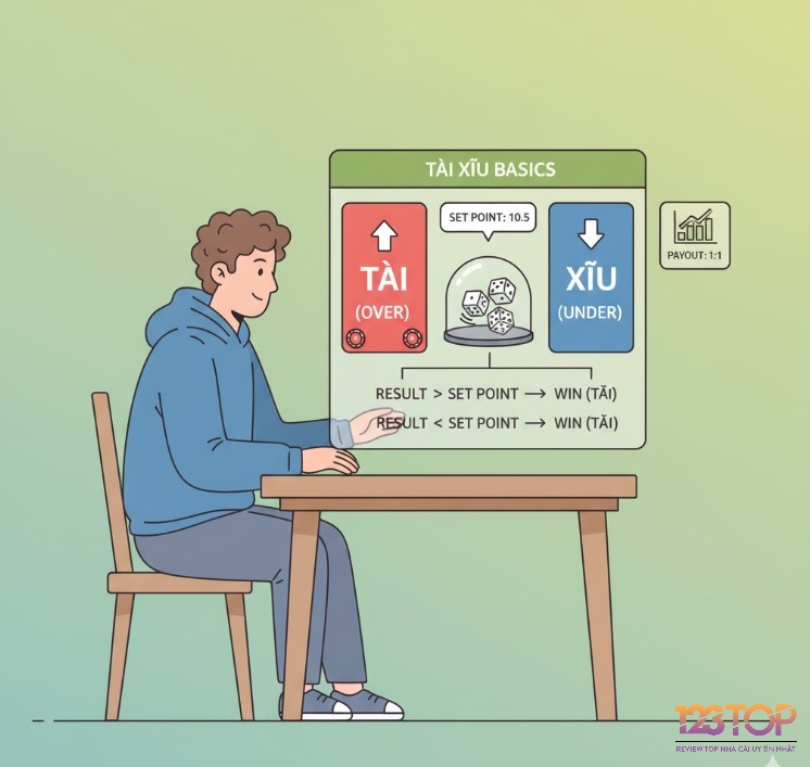 Người chơi tìm hiểu luật Tài xỉu, đặt cược vào cửa Tài (Over) hoặc Xỉu (Under) dựa trên con số mốc của nhà cái