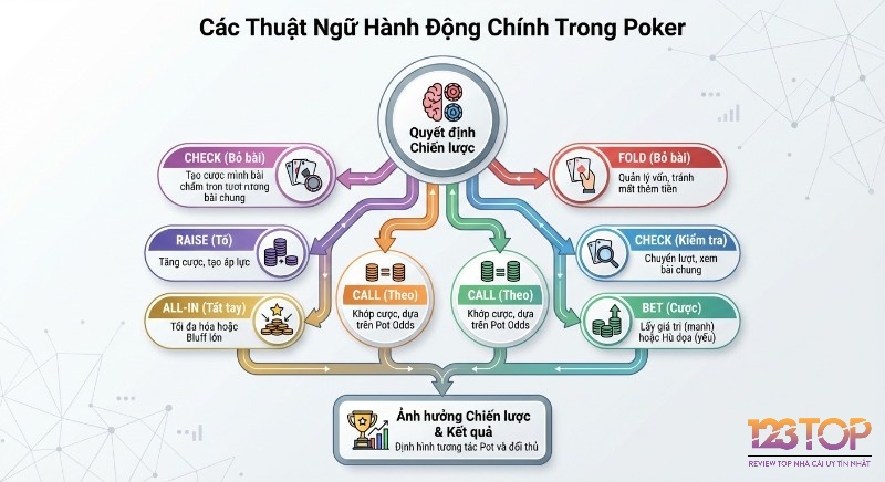 Sơ đồ các hành động chiến lược trong Poker: Check, Bet, Call, Raise, Fold, All-in, quyết định tương tác pot và đối thủ